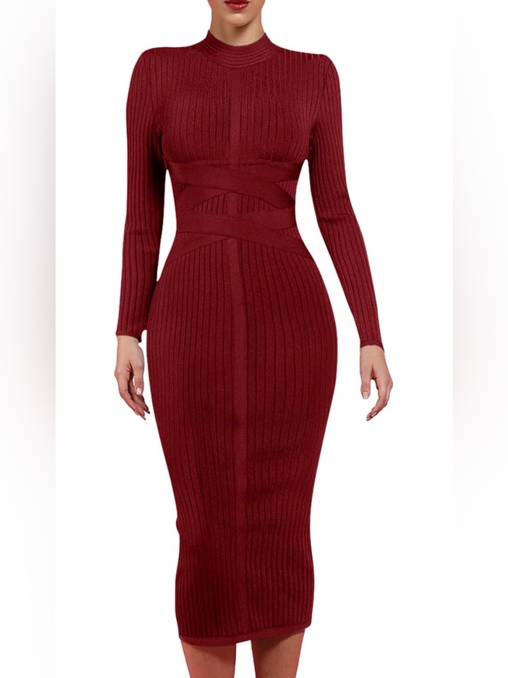 NWOT Long-Sleeve Burgundy Ribbed Midi Dress with Waist-Contour, Large